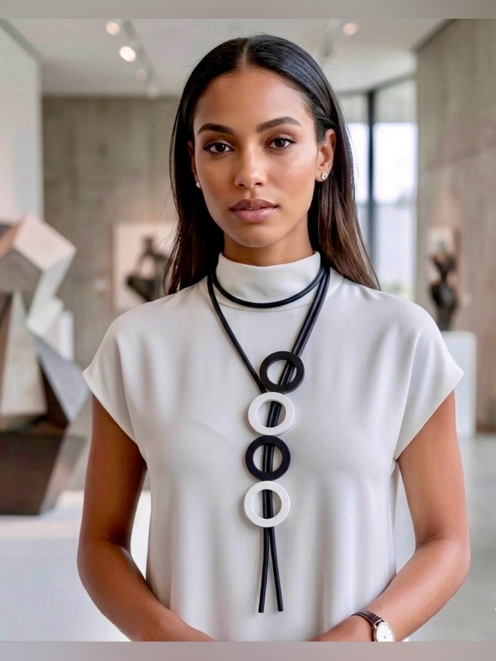 Bohemian Black & White Geometric Circle Pendant Necklace | Minimalist Statement